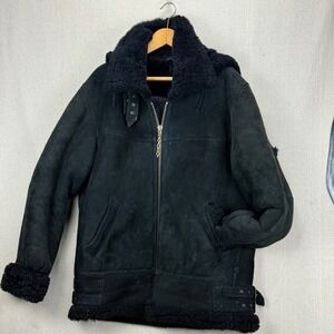Vintage MOSE International B-3 Shearling Bomber Jacket Mens L Black Aviator Hood